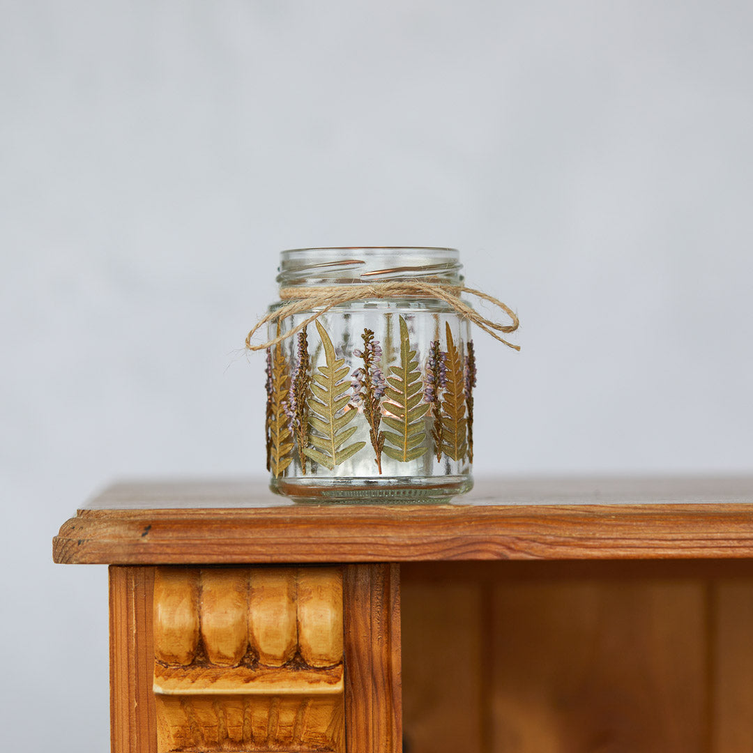 Pressed flower heather and fern candle holder